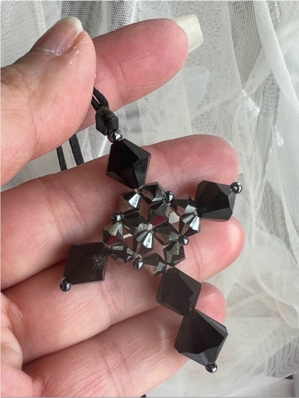 Swarovski Elements Jet Black Beaded Cross on Swede Cord Necklace - Handmade